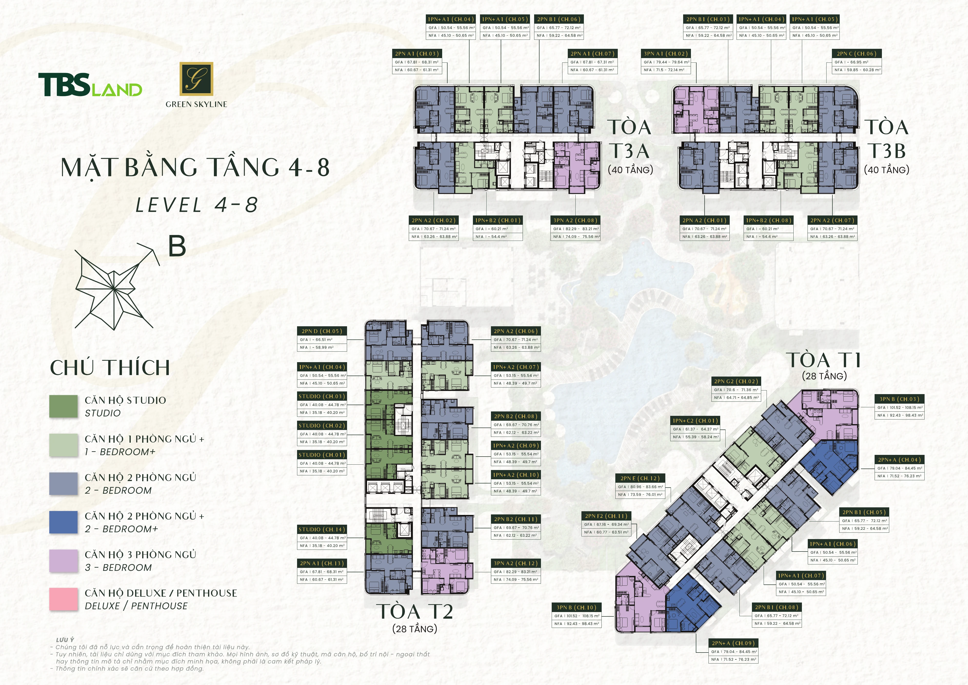 Mặt bằng tầng 4 đến tầng 8 của các tòa Green Skyline