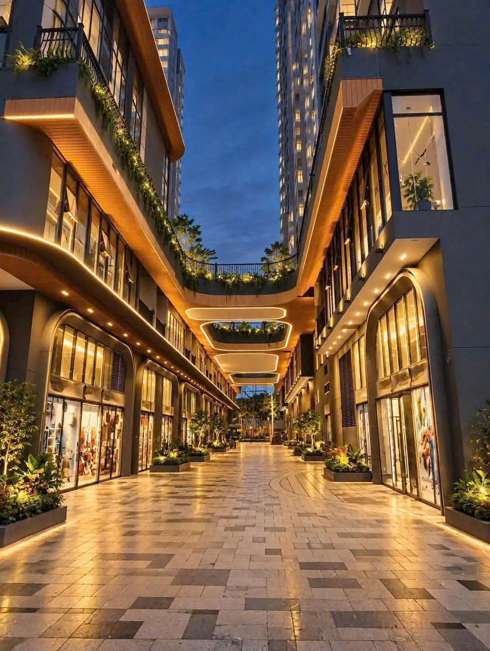 Ảnh thực tế · hành lang thương mại buổi tối